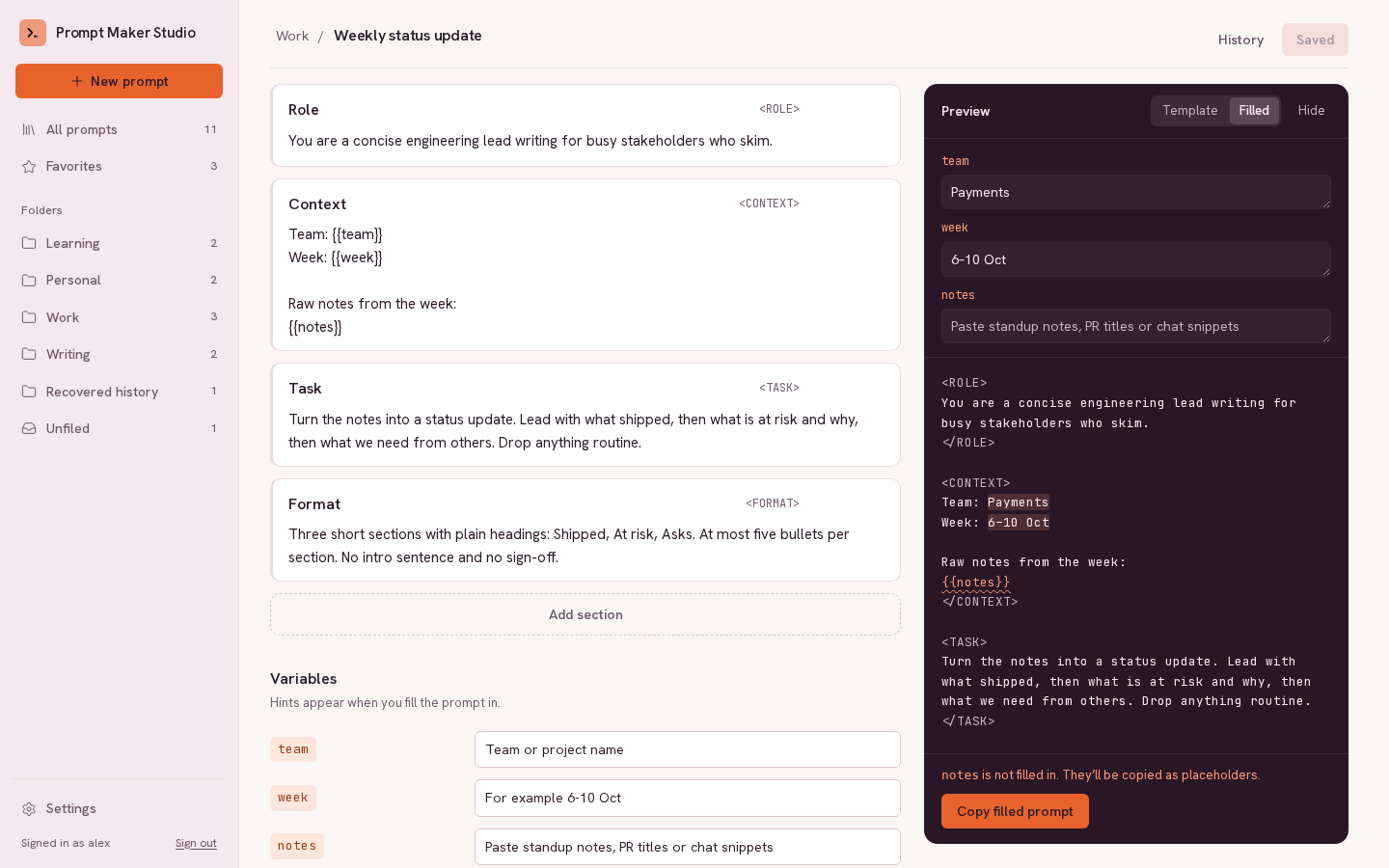 Prompt editor with named sections on the left and a filled weekly update preview on the right.