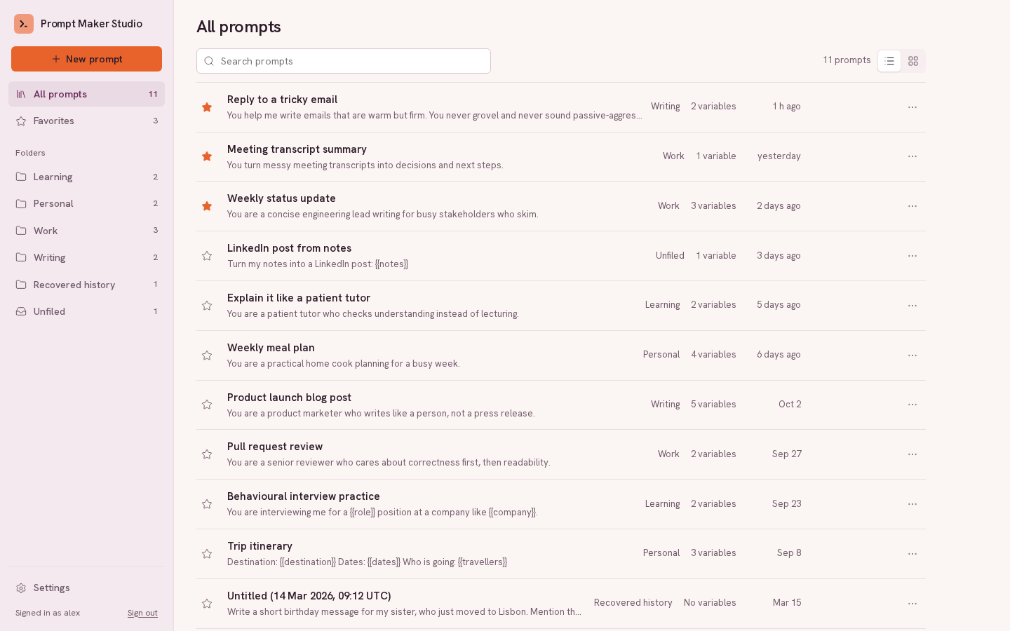 Prompt library with folders in the sidebar, a search field, and reusable prompts with favorite controls.